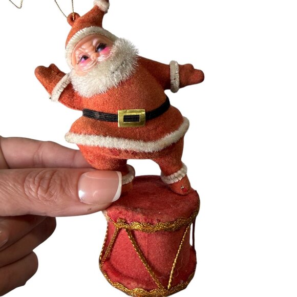 VTG Mr. Christmas Santa Claus Flocked Dancing on Drum Ornament 1972 - Picture 2 of 16